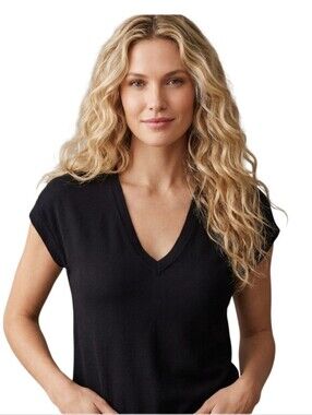 WHBM Women's Black Plunging V-Neck Short Sleeve Tee Shirt NWT